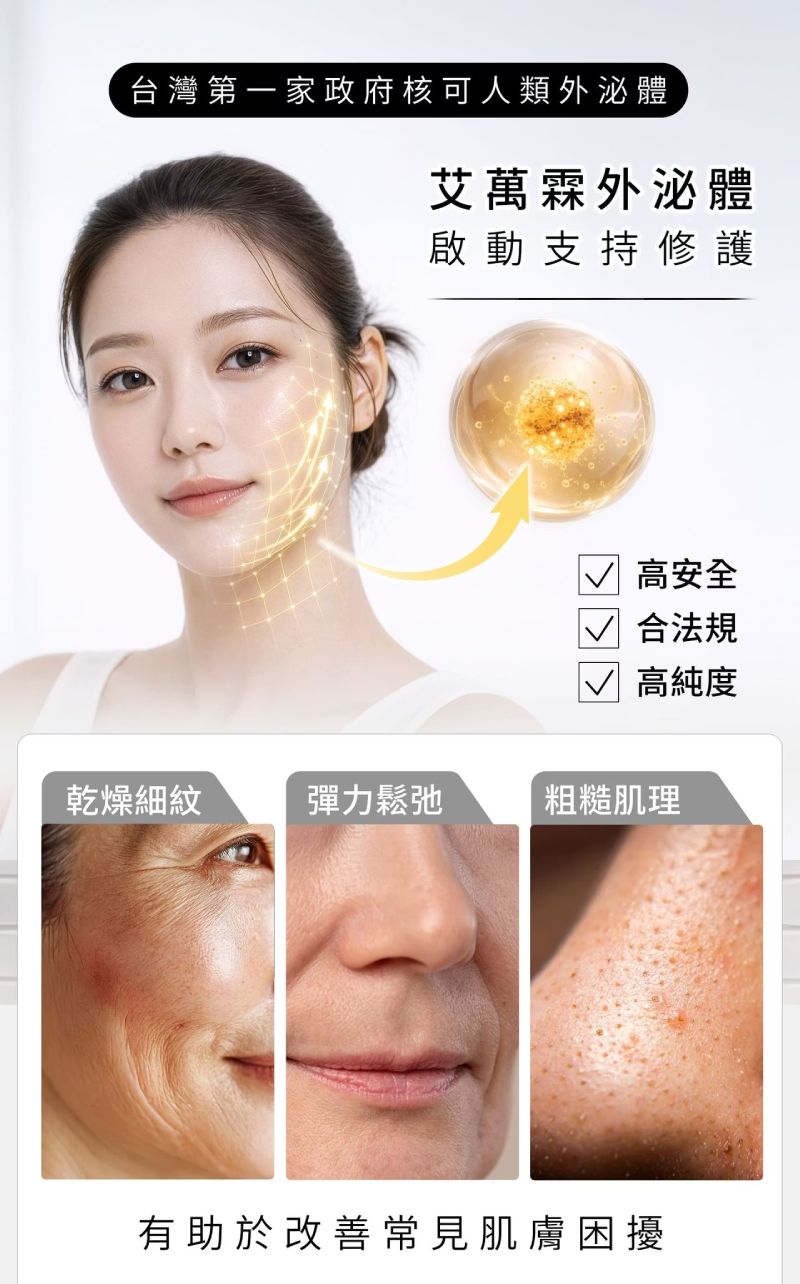 台灣第一家政府核可人類外泌體，艾萬霖外泌體有效改善細紋、鬆弛與粗糙