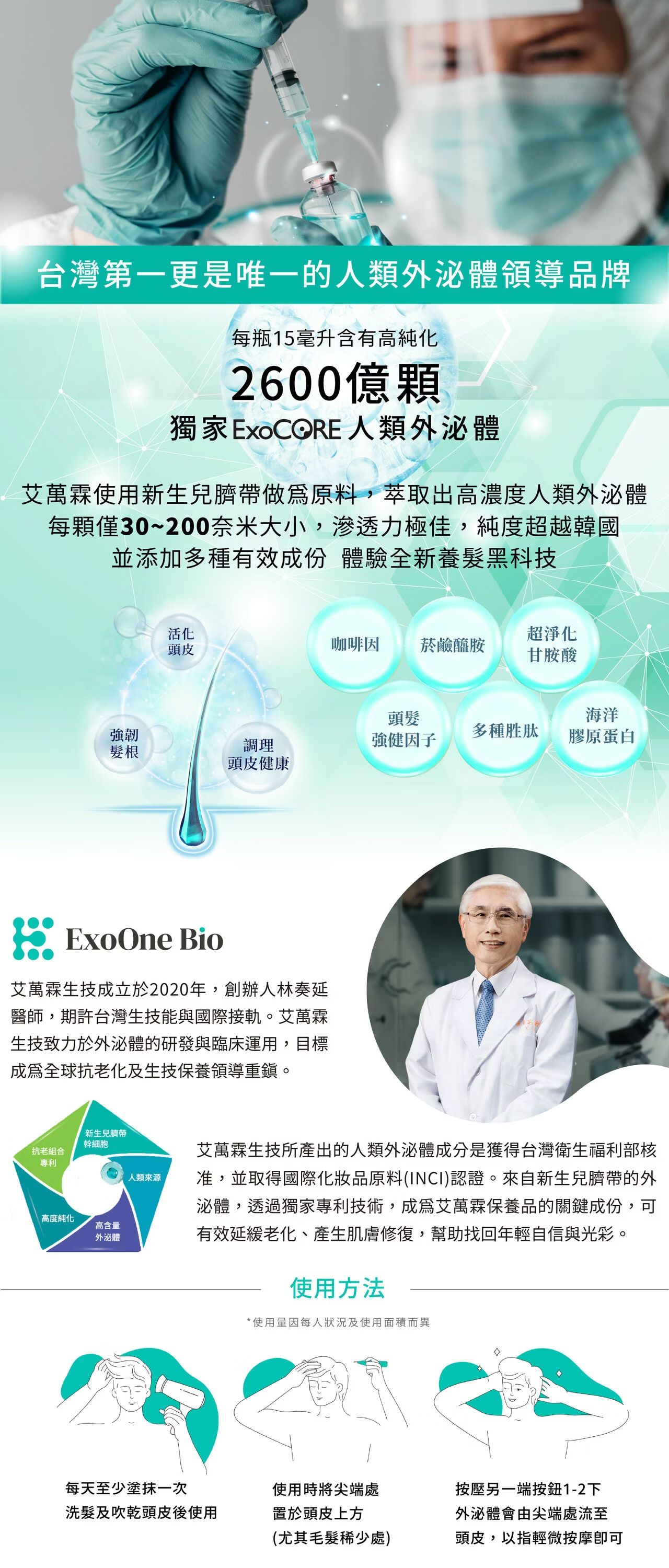 艾萬霖初髮本液,使用ExoCORE人類外泌體,2600億顆高純度配方,強健髮根活化頭皮